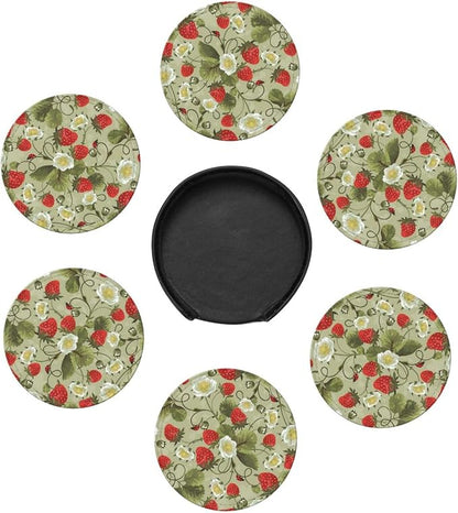 6 Pcs Strawberry Ladybug Leather Coasters