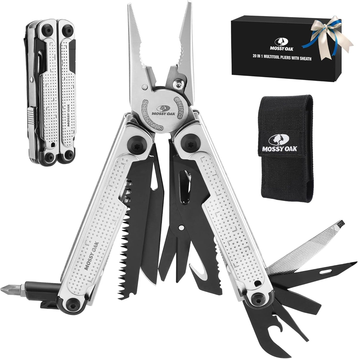 MOSSY OAK Multitool, 20-in-1 Stainless Steel Multi Tool Pliers, Self-locking Pliers with Sheath-Perfect for Outdoor, Survival, Camping, Hiking