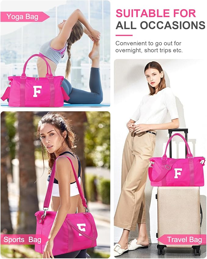 Overnight Bag for Kids Teen Girls Weekender Dance Bag Birthday Graduation Gifts,Initial Travel Duffel Bag Sports Gym Bag Personalized Weekender Bag Carry On Bags Preppy Gifts for Women(Hot Pink, F)