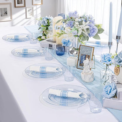 DaYammi 210PCS Blue Glitter Plastic Dinnerware Set for 30 Guests, Fancy Disposable Plates for Party, Include: 30 Dinner Plates, 30 Dessert Plates, 30 Pre Rolled Napkins with Blue Silverware, 30 Cups