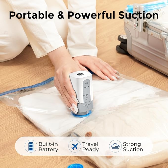 ETENWOLF 4 Pack Vacuum Storage Bags with Rechargeable Wireless Pump, Vacuum Seal Bags for Clothes and Travel, Space Saver Bags in Multiple Carry-On Sizes, Perfect for Luggage and Suitcases