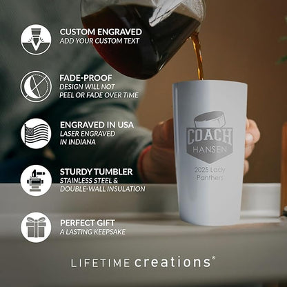 Lifetime Creations Personalized Hockey Coach Tumbler: Custom Hockey Coach Gift, Coaches Coffee Travel Mug from Team, Insulated Engraved Stainless Steel 20 Ounce Cup (White)