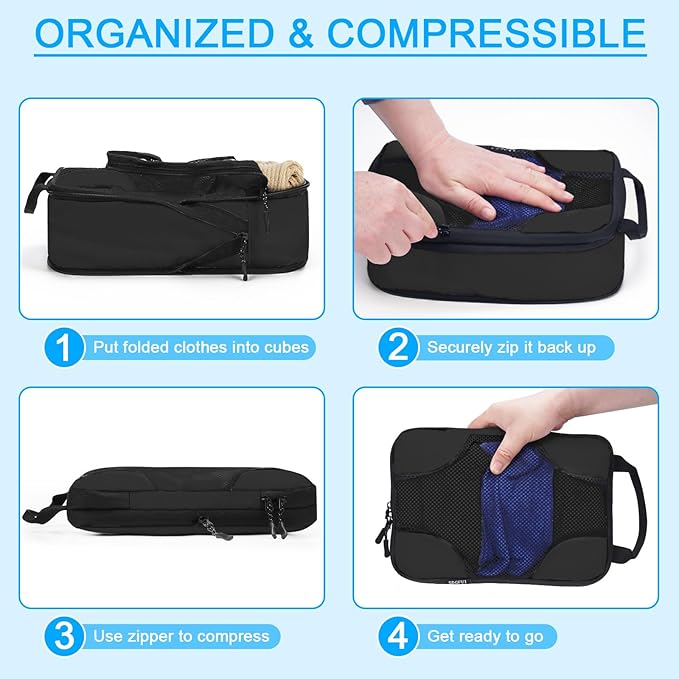 6 Set Compression Packing Cubes Bags for Travel Women, Compression Bags Organizer for Packing Luggage Space Saving, Suitcase Organizer Bags Set for Travel Essentials - Black