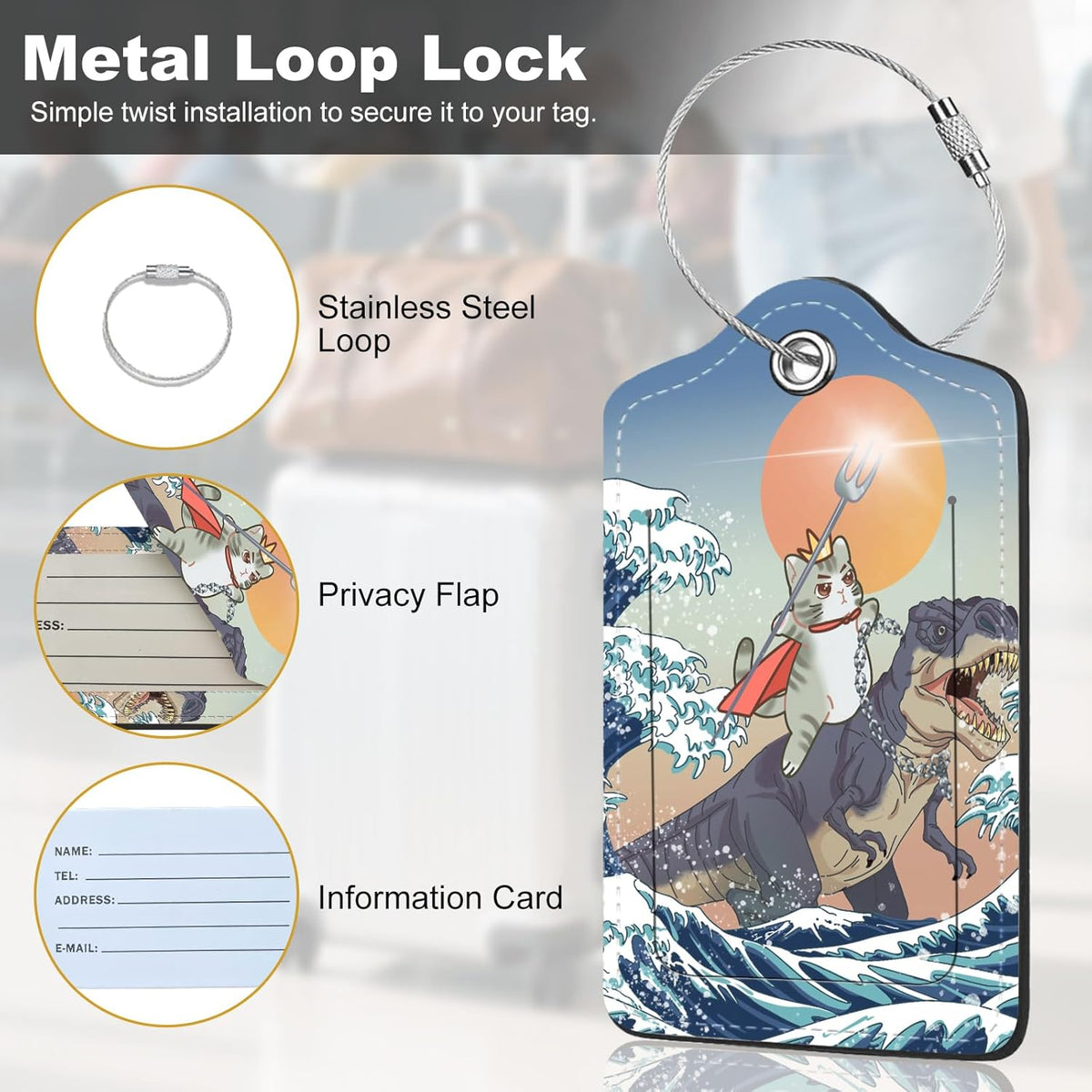 2Pack Luggage Tags for Suitcases, Cute Unique Pu Leather Cruise Luggage Tag with Privacy Cover ID Label Address Card and Metal Ring Suitable for Women Men Kids Travel Bag Dinosaurs and Cats
