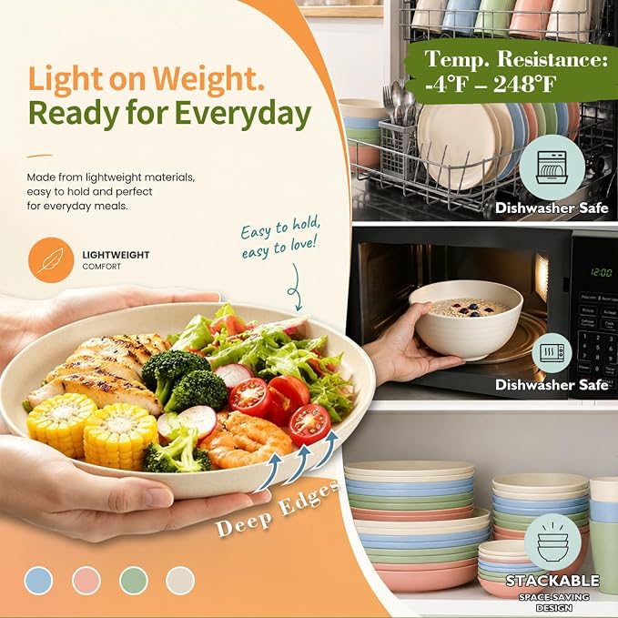 40PCS Dishes Set, Kids Plates and Bowls Set, Unbreakable Dinnerware Set | Wheat
