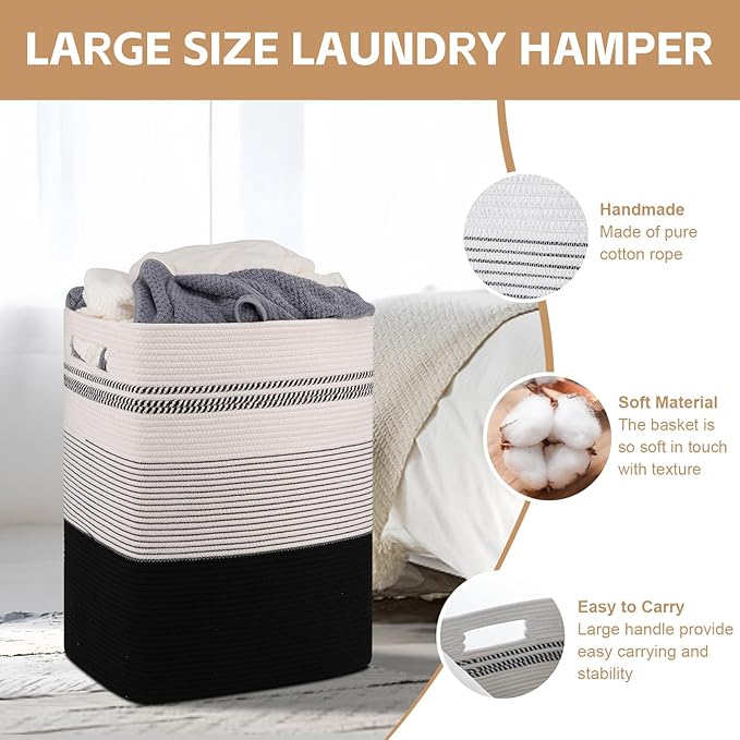 Laundry Hamper, Large Woven Rope Tall Laundry Basket with Handles, 22" X 17" X 13", Decorative Storage Basket for Clothes and Blankets in Living room, Bedroom, Black& White