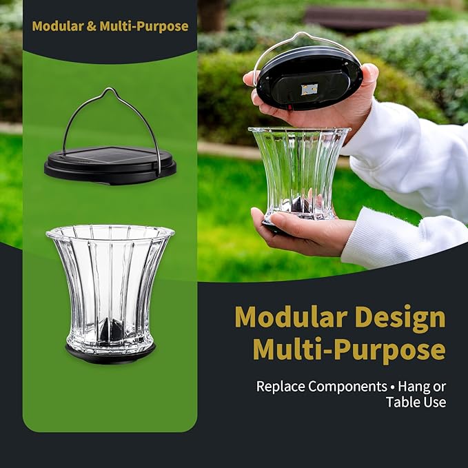 Glass Solar Lantern Outdoor, Waterproof Hanging Solar Lights for Outside with Modular Design, 3000K LED, Auto On/Off Table Lamp for Garden Patio Yard Fence Wall Decorative, Warm White(4 Pack)