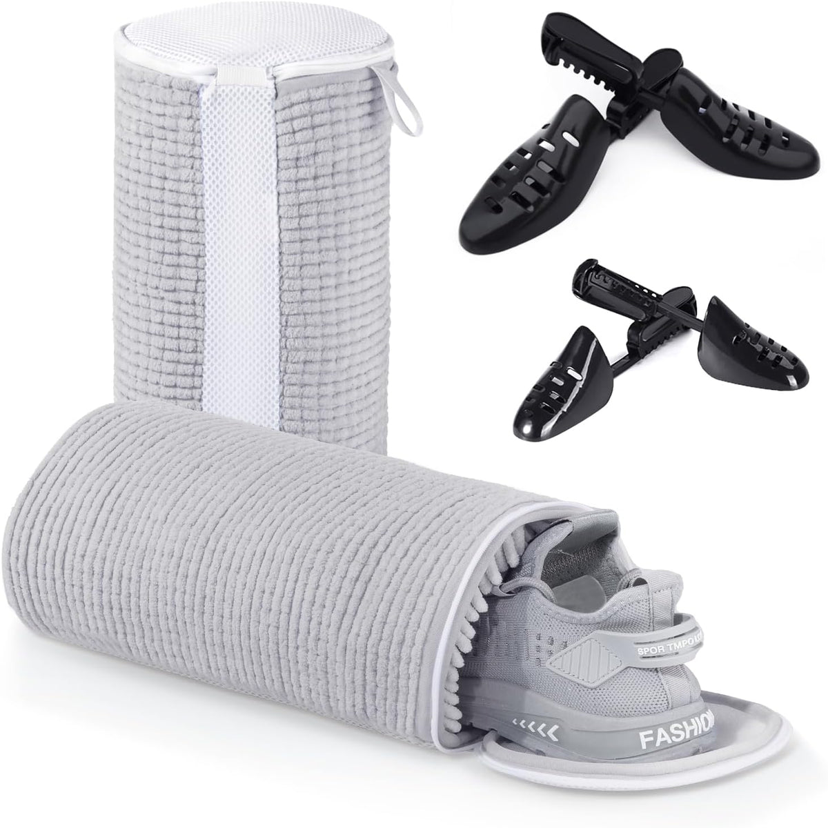 Shoe Laundry Bags for Washing Machine, 2024 New Reusable Laundry Shoe Bag for Washer and Dryer, Fluffy Fibers 360° Wrap-Around Cleaning, 2 Pairs Adjustable Shoe Trees for All Shoes, ‎Gray