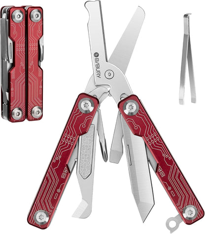 BIBURY Mini Keychain Multitool Scissors BI2061R, 9 in 1 Multitool EDC Scissors with Screwdriver, Bottle Opener, Pocket Knife, Spring -Mini Multi Tool for Outdoor, Daily Use, Gifts for Men and Women