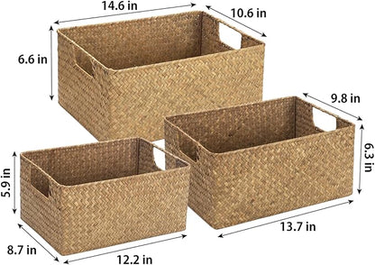 YANGQIHOME Wicker Baskets, [Set of 3] Woven Baskets for Storage, Seagrass Storage Baskets for Organizing with Built-in Handles, Open Storage Bins, Multisize, Natural