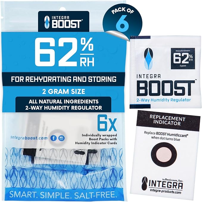 Integra Boost 2-Way Humidity Control Pack – Patented Technology for Humidity Control – Preserve Flavor & Maintain 62% RH – Moisture Absorber for Herbs, Spices & More – 2 Gram (Pack of 6)