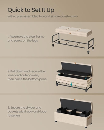 SONGMICS Storage Ottoman Bench, Storage Chest, 15.7 x 43.3 x 15.7 Inches, End of Bed Bench, 27 Gal. (103 L), for Bedroom, Entryway, Living Room, Cappuccino Beige ULSF533L01