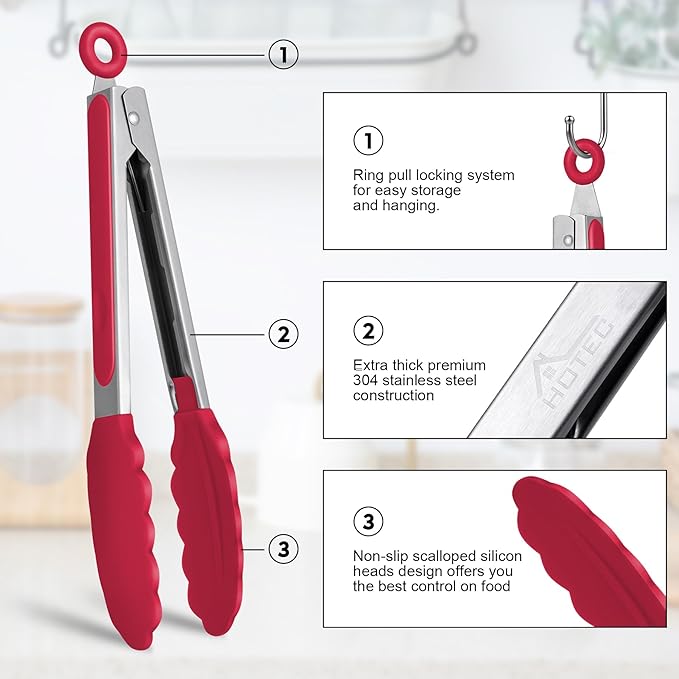 HOTEC Premium Stainless Steel Locking Kitchen Tongs with Silicon Tips, Set of 2-9" and 12"(Red)