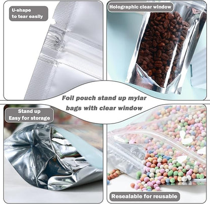 150-pack 7” x 10” Stand Up Mylar Bags with Clear Window 1 Quart Resealable Silver Aluminum Foil Pouches for Food Storage Smell Proof Edible Packaging Bag for Small Business Bulk