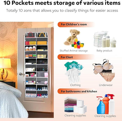 Over the Door Organizer 5 Tiers, Extra Large Behind Door Storage of 10 Compartments, 80 lbs Weight Capacity Over Door Organizer, Door Hanging Organizer for Closet, Diaper Organizer, Room storage