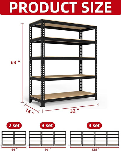 PrimeZone 32"W x 16"D x 63" H Storage Shelves - 2 Pack 5 Tier Adjustable Garage Storage Shelving, Heavy Duty Metal Storage Organizer Utility Rack Shelf Unit for Warehouse Pantry Closet Kitchen, Black