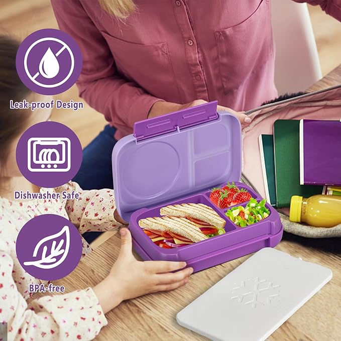 Bento Box for Kids,Kids Bento Lunch Box with Built-in Ice Pack for School,3 Compartments Leak Proof Lunch Container with Utensils for Girl Boy;BPA Free,Microwave & Dishwasher Safe, 44oz(Purple)