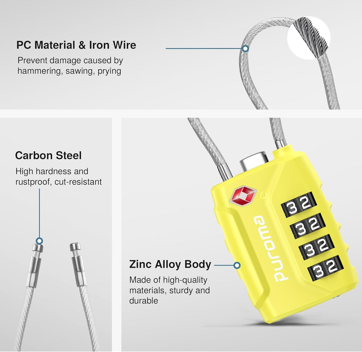 Puroma 2 Pack TSA Approved Luggage Lock, 4 Digit Combination Travel Locks Resettable Code Lock with Zinc Alloy Body for Suitcase, Toolbox, Backpack, Bag, Gym Locker (Yellow)