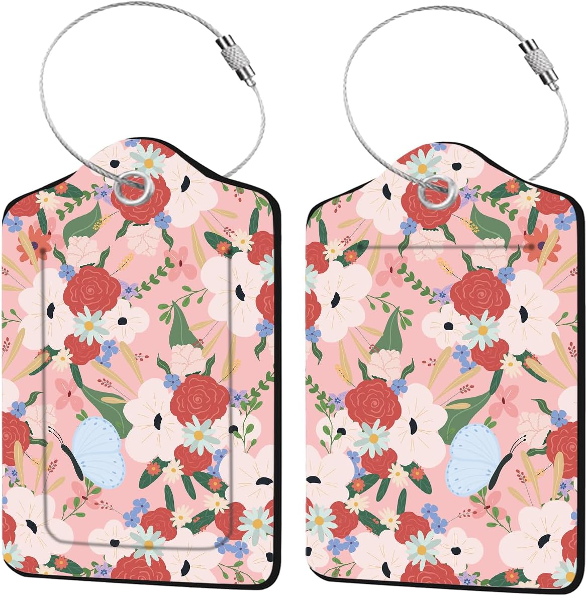 2 Pack Floral Luggage Tag for Suitcase, Pink Luggage Tags PU Leather Suitcase Tags Identifiers Stainless Steel Loop ID Bag Tags Card Baggage Bag Label