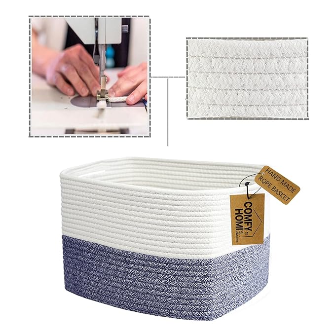 COMFY-HOMI 3 Pack Medium Cotton Rope Basket with Handles for Shelves, Dog Toy, Baby, Gift Organizing, Handwoven Craft - New Generation 13.5" x 11" x 9.5" (Navy Blue)