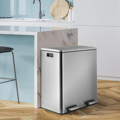 16 Gallon Rectangular Stainless Steel Trash Can, Dual Compartment Garbage Bin with Recycling Combo, Metal Dustbin Lid, Removable Liner, Indoor Hands Free Waste Bucket for Kitchen Home