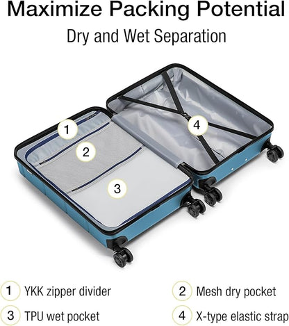 KYME Carry On Luggage 22x14x9 Airline Approved with Cup Holder Hardside Carry On Suitcase with Spinner Wheels TSA Lock Hardshell 22 inch Travel Rolling Luggage for Women Men Blue