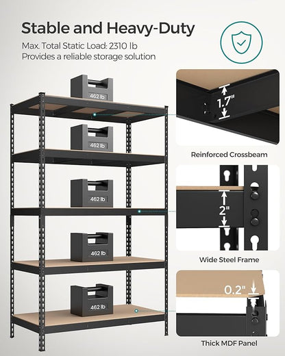 SONGMICS 5-Tier Storage Shelves, Load 2310 lb, Set of 2 Garage Storage, Boltless Assembly, Adjustable Shelving Unit, 23.6 x 47.2 x 70.9 Inches, for Study Shed Basement, Black UGLR600B02