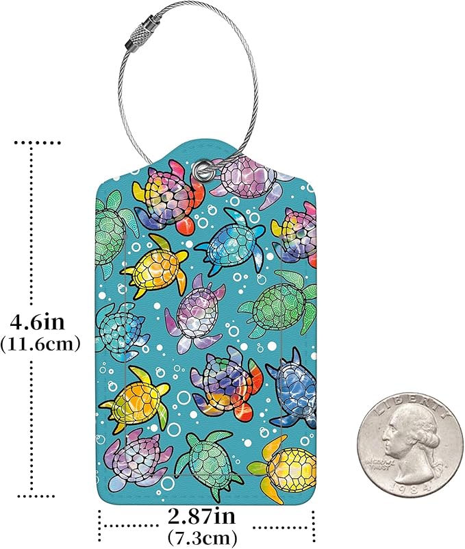 2 Pcs Luggage Tags for Suitcase, Cute Unique PU Leather Travel Bag Tag with Privacy Cover ID Label Address Card and Durable Metal Ring Suitable for Men Women Children Backpack,Gradient Color Turtle