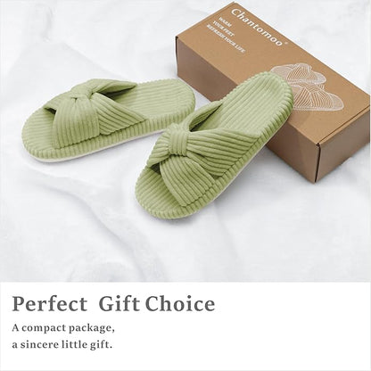 Chantomoo Slippers for Women Memory Foam House Bedroom Corduroy Bow Crossbands Slide Slipper Shoes Comfy Trendy Gift Slippers