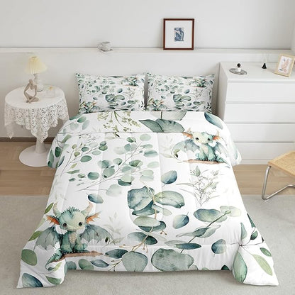Erosebridal Boys Magic Animal Toddler Bedding Sets Cute Dragon Comforter Set, Cartoon Wildlife Bedding Comforter Sets Green Leaf Duvet Insert, Spring Plant Down Comforter Child Kids Bedroom Decor