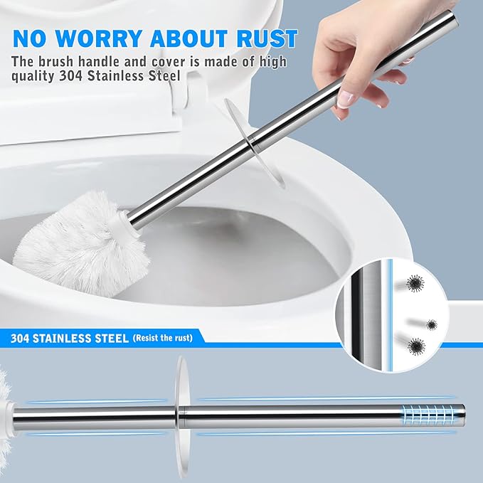 Toilet Brush and Holder, 2 Pack Toilet Brush with 304 Stainless Steel Long Handle, Toilet Bowl Brush for Bathroom Toilet-Ergonomic, Elegant,Durable (White)