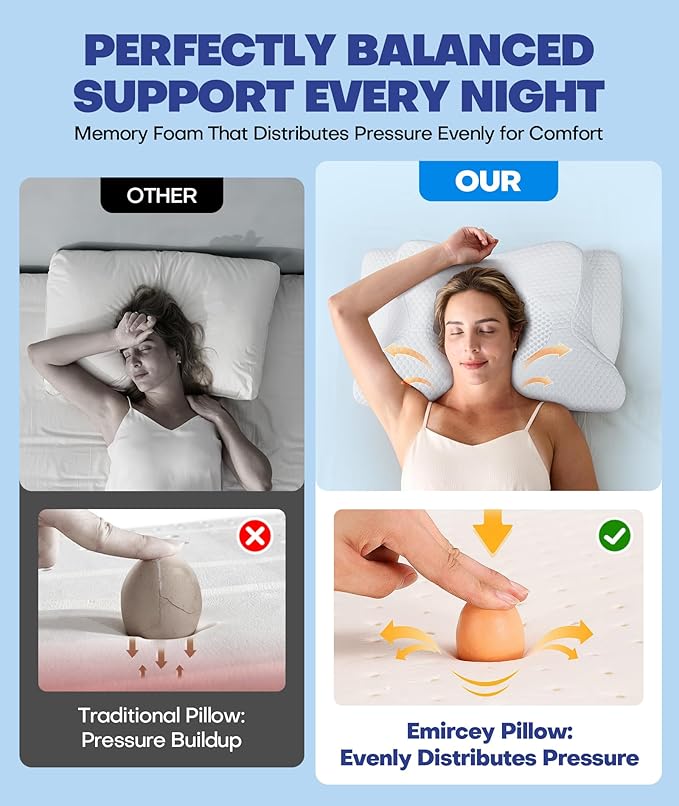 Emircey Clinical-Level Relief Cervical Neck Pillow for Sleeping, Orthopedic Contour Memory Foam Pillow for Side Sleepers, Cooling Pillow for Neck Relief, Ergonomic for Back and Stomach Sleepers