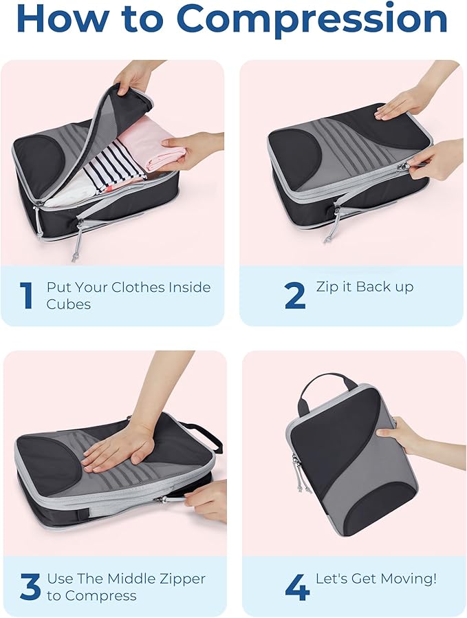 BAGSMART Compression Packing Cubes - 6 Set Travel Packing Cubes for Suitcases, Compression Suitcase Organizers with Shoe Bag