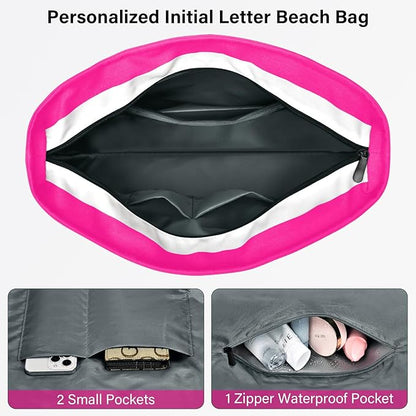 Becokan Beach Bag Initial Beach Tote with Makeup Bag for Travel Work Storage Personalized Birthday Gifts for Women Her