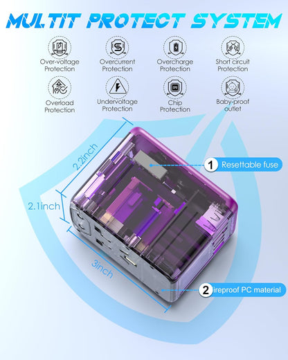Universal Travel Adapter Offers 5.8A 3X 3.0A USB-C Ports, 2X 2.4A USB-A Ports and Multi AC Outlet, All-in-One International Power Plug Adapter Worldwide Travel Charger for EU USA UK AUS (Purple)