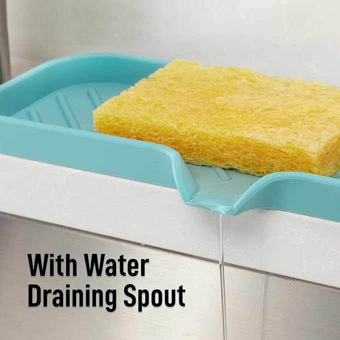 Zulay Kitchen Large Silicone Sponge Holder (12x4) – Flexible Sink Organizer Tray for Kitchen & Bathroom – Multipurpose Soap Dish for Sponges, Makeup, Trinkets & More (Aqua Sky)