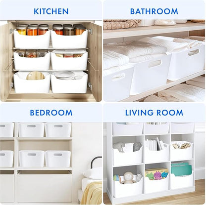 Ytteve large- 4 pack White Plastic Storage Bins, Closet Kitchen Storage Containers for Pantry Bathroom Office Organization Baskets, Cabinet Organizing Containers, White Organizer Bins for Shelves