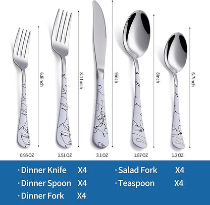 20-Piece White Silverware Set with White Handle 18/0 Stainless Steel Flatware Marbling Handle Cutlery Black Service for 4 Dinner Knives Forks Spoons Set Finish Dishwasher Safe