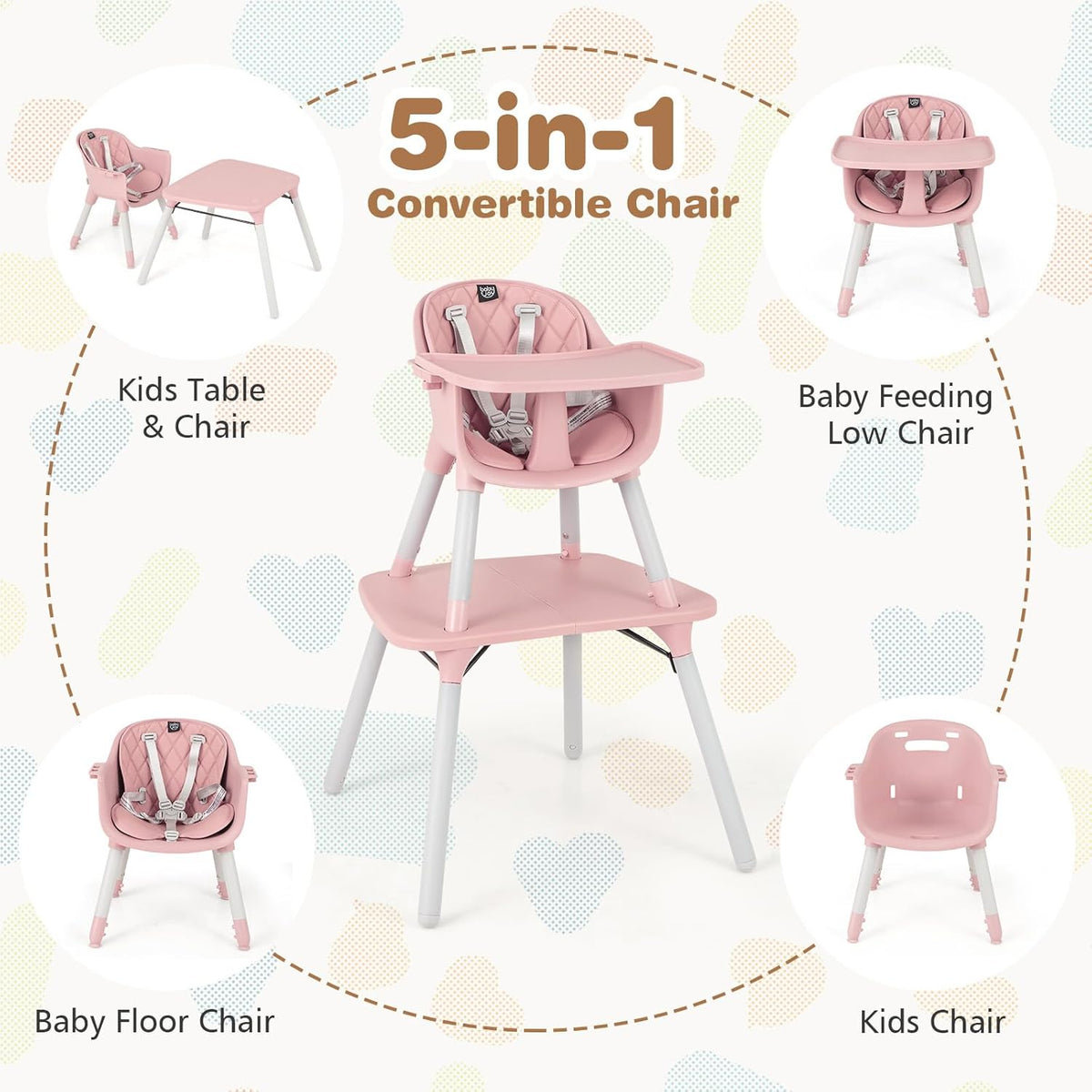 BABY JOY High Chair, 5 in 1 Convertible Highchair for Babies & Toddlers | Booster Seat | Table and Chair Set | Infant Feeding Chair with Removable Tray, Safety Harness, Removable Cushion (Pink)
