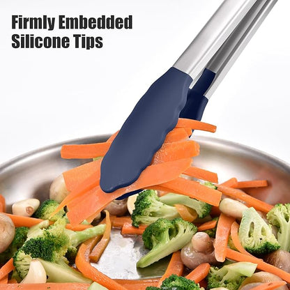 Doosu Kitchen Tongs for Cooking - 600°F Heat Resistant Food Tong with Non-Scratch Silicone Tips, Heavy Duty Stainless Steel Locking Tong for BBQ, Grilling Steak, Serving Salad Pasta (12in, Navy Blue)