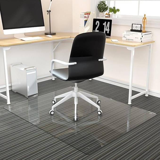 Tempered Glass Floor Mat for Office Chair, 36" x 46" Heavy Duty Hard Office Chair Mat, for Carpeted or Hard Floor, with 4 Anti-Slip Pads, Transparent