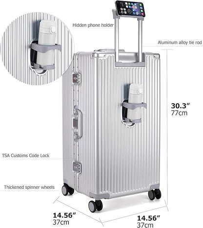feilario 30in Super Large Captain Aluminum Frame Hardside Spinner Wheels Luggage, Zipperless Checked Suitcase with Cup Holder/Phone Holder