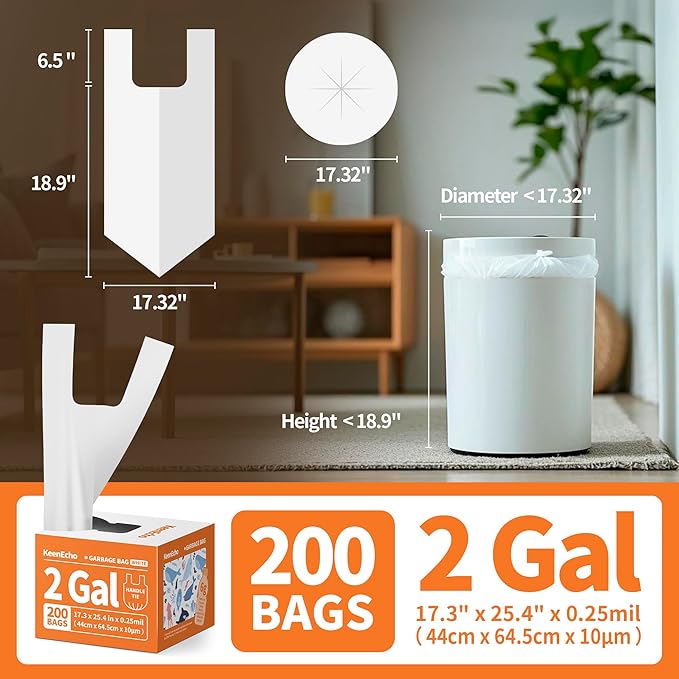 Small Trash Bags with Handles 2 Gallon 200 Count White - Ocean Plastic Upcycling - Plastic Garbage Bags, Can Bin & Waste Basket Liner for Kitchen, Bathroom, Office and Pets
