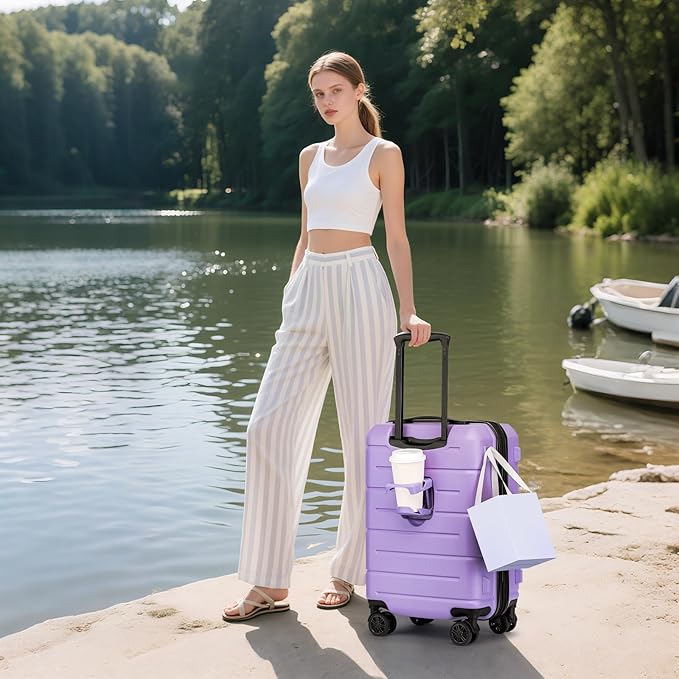 KYME Hardside Expandable Carry On Luggage 22x14x9 Airline Approved with TSA Lock Hardshell Carry On Suitcase with Wheels Small Travel Rolling 20 Inch Luggage with Cup Holder for Women Lt Purple