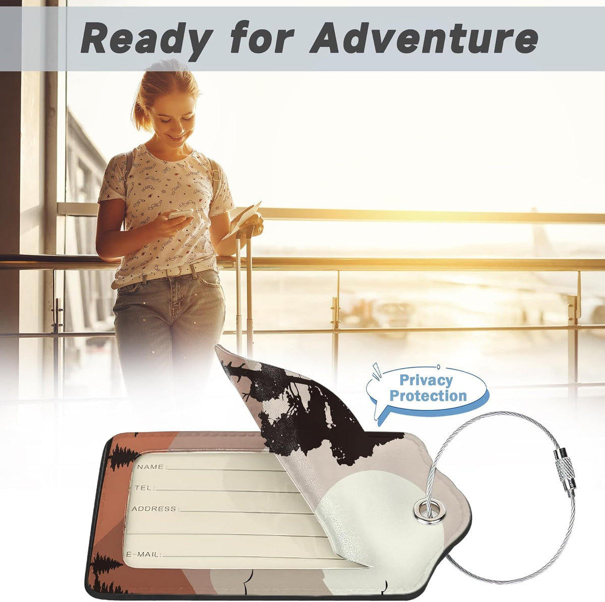 2 Pack Luggage Tag for Suitcase, Landscape Pine Trees Mountains Leather Bag Tags Identifiers Privacy Cover ID Label with Durable Steel Loop for Women Men Kids Girls Travel