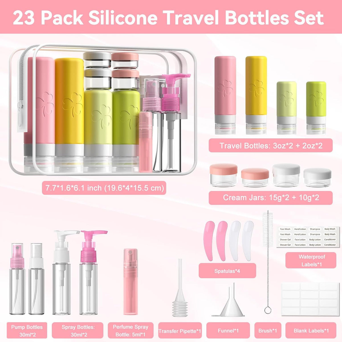 INSFIT Travel Bottles for Toiletries 23pack, TSA Approved Travel Size Toiletries, Airplane Essentials for Creams, Shampoo, Cosmetic Liquids
