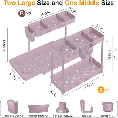 3 Pack Multi-Purpose Under Sink Organizers and Storage, 2025 L-Shaped Pull Out Cabinet Organizer for Bathroom & Kitchen, Under Cabinet Organizer with Hooks Hanging Cup, Pink