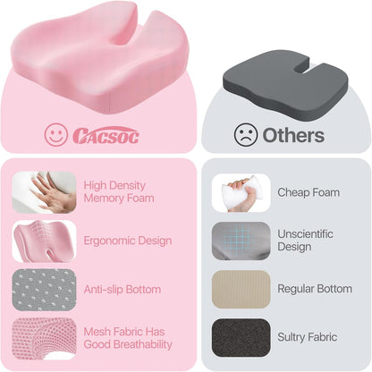 Seat Cushion, Extra Large Memory Foam Cushion for Office Chair Cushions, Ergonomic Cushions Pad Pillow for Pressure Relief Sciatica & Pain Relief for Long Sitting, Pink