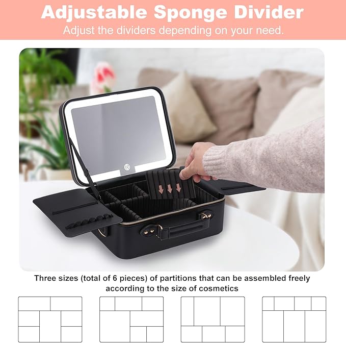 Mocado Travel Makeup Bag with LED Lighted Mirror,Makeup Case with 3 Color Lighted Setting and 10x Magnifying Mirror, Portable Storage and Adjustable Dividers (Black with Hard Leather)