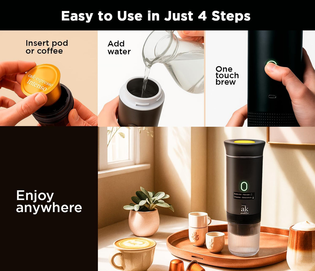 3-in-1 Portable Coffee Maker – Electric Espresso Machine for Travel – Compatible with Ground Coffee, NS & DG Capsules – USB-C Rechargeable Portable Espresso Maker (Gray)